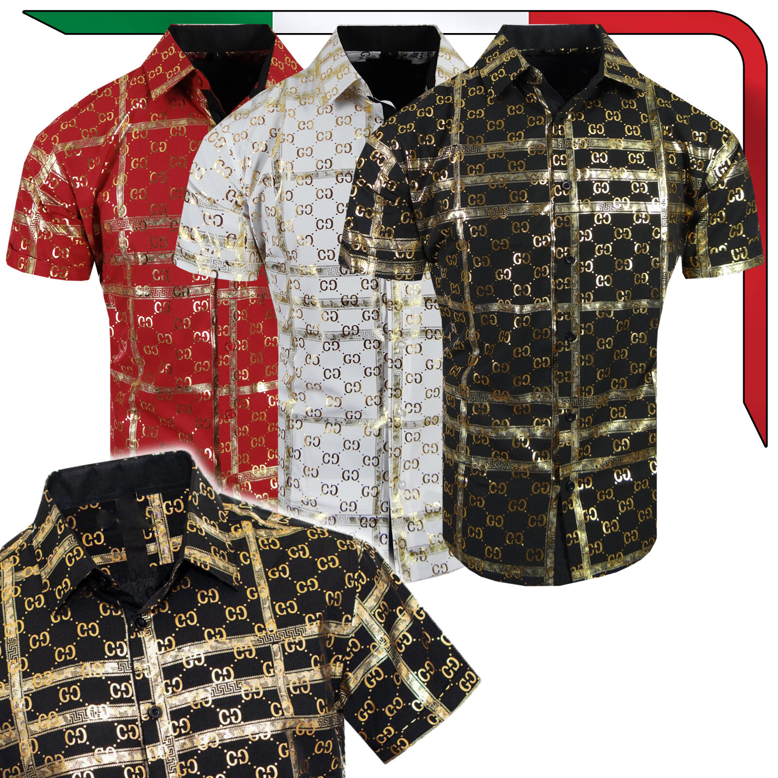 Designer Shirt Short Sleeve Mens Luxury Shiny Italian Stripe Logo Stretch Button