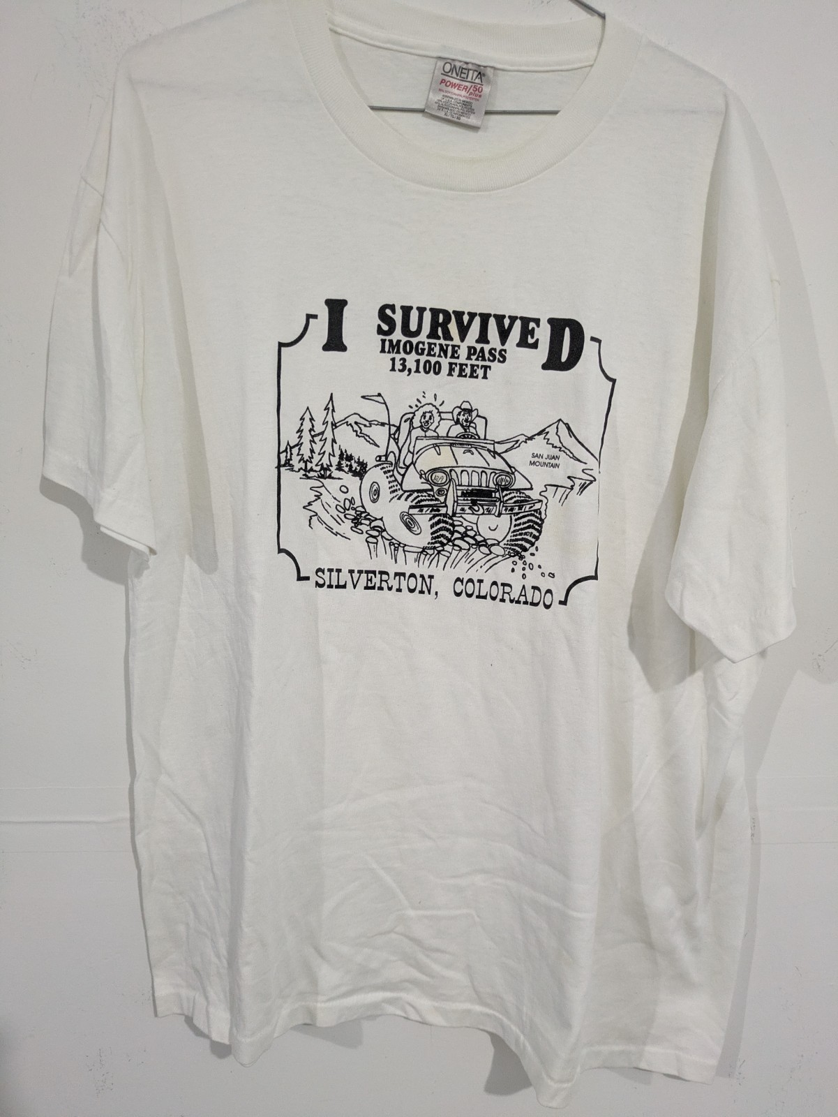 3176 ONEITA Power/50 Plus Men’s XL White “I Survived Imogene Pass” Graphic Tee