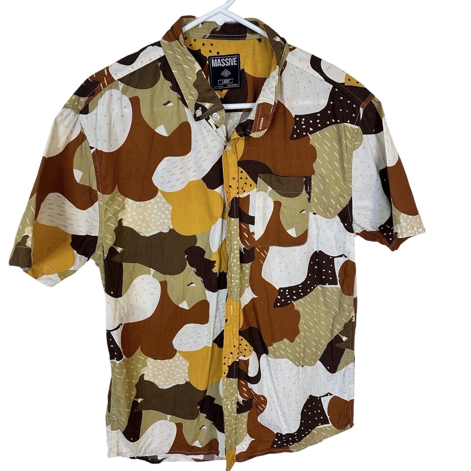 Massive The Brand Mens Retro All Over Print Brown Button Up Shirt Large Cottton