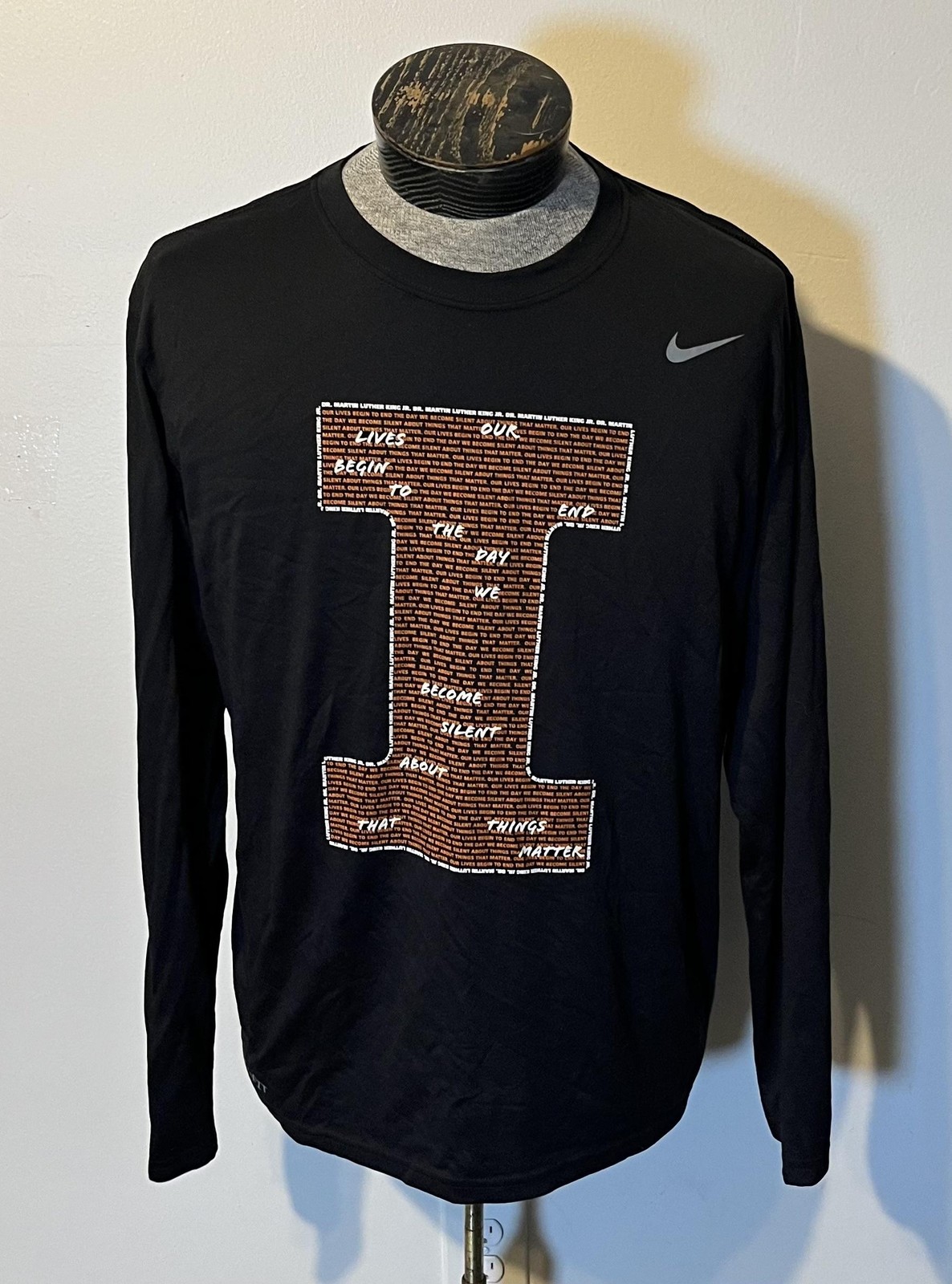 Nike Dri-FIT Long Sleeve Shirt Mens XL Black MLK Quote ‘Our Lives Begin to End…’