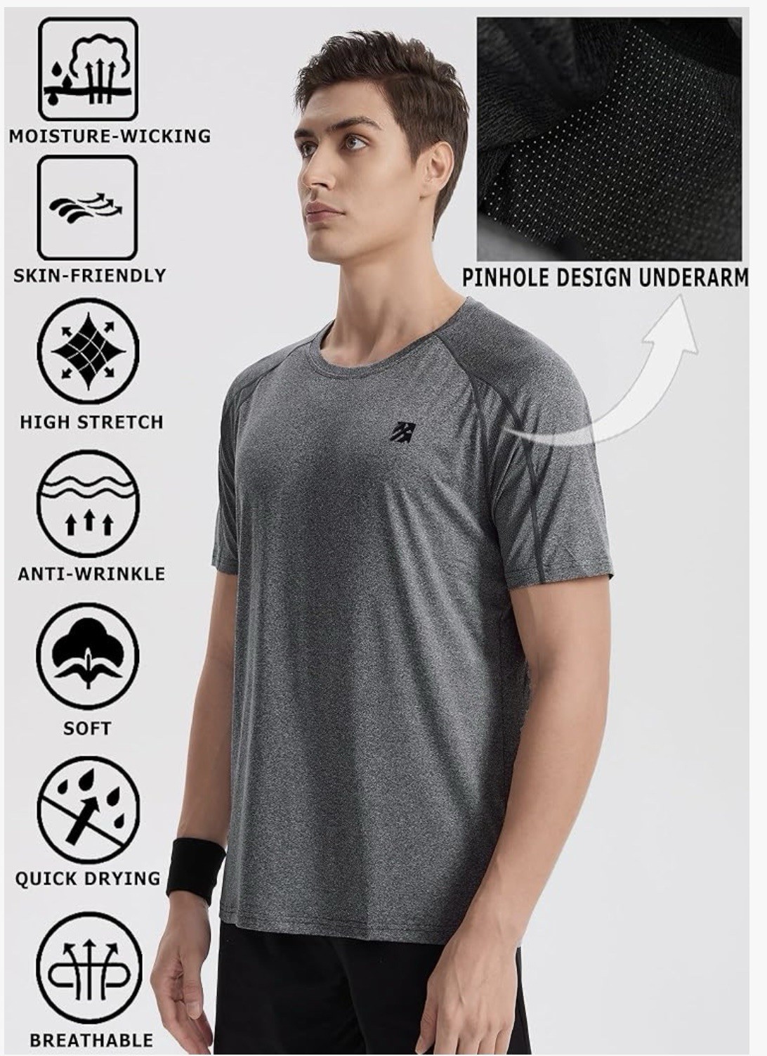T Shirt Mens 3XL Gray Odor Control Moisture Wicking 48” Chest