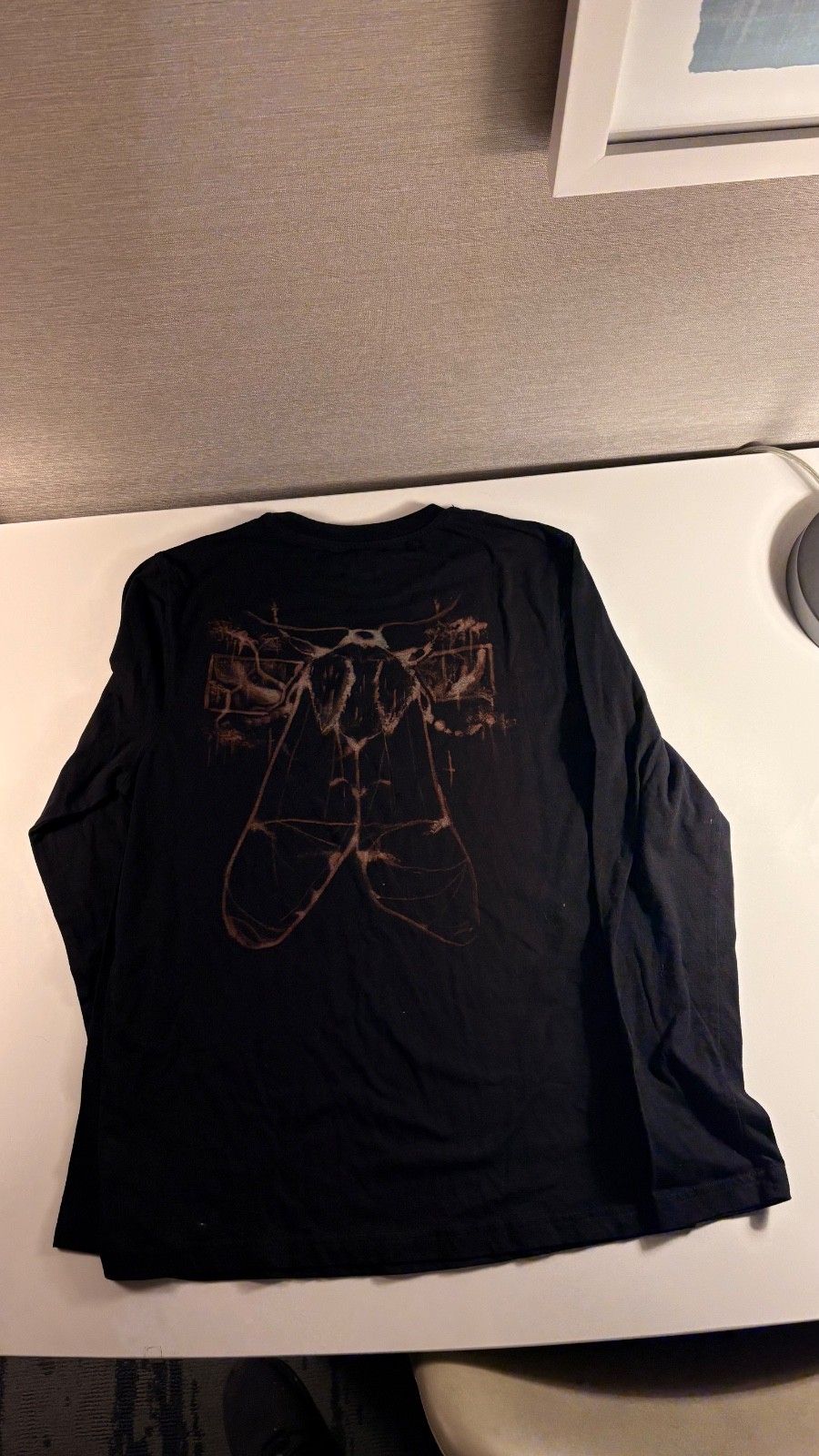Large Custom long-sleeve shirt, black bleach dyed, moth decal, cottom