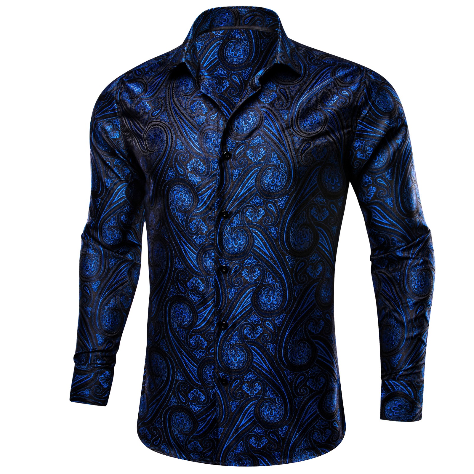 Mens Dress Shirt Long Sleeve Black Blue Paisley Casual Button Down Shirts