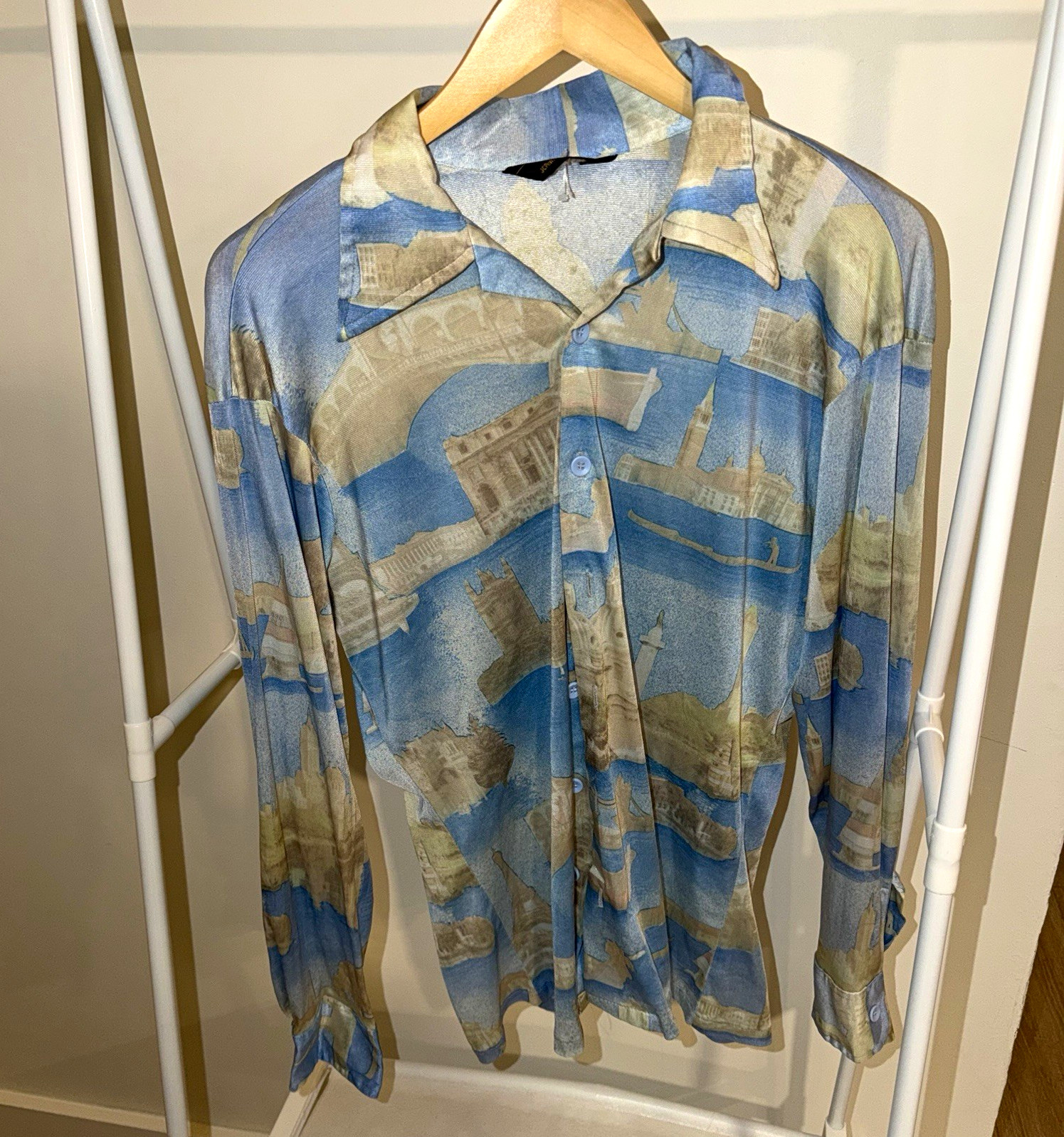 Men’s Long Sleeve Rayon Woven Button-Up Shirt Blue/Beige Graphic Print 16-16 1/2