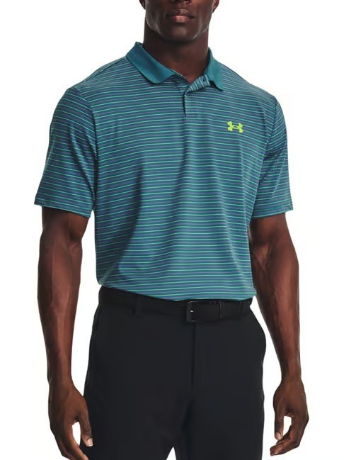 Under Armour Men’s Teal Striped Polo with Neon Green Logo Men’s Medium