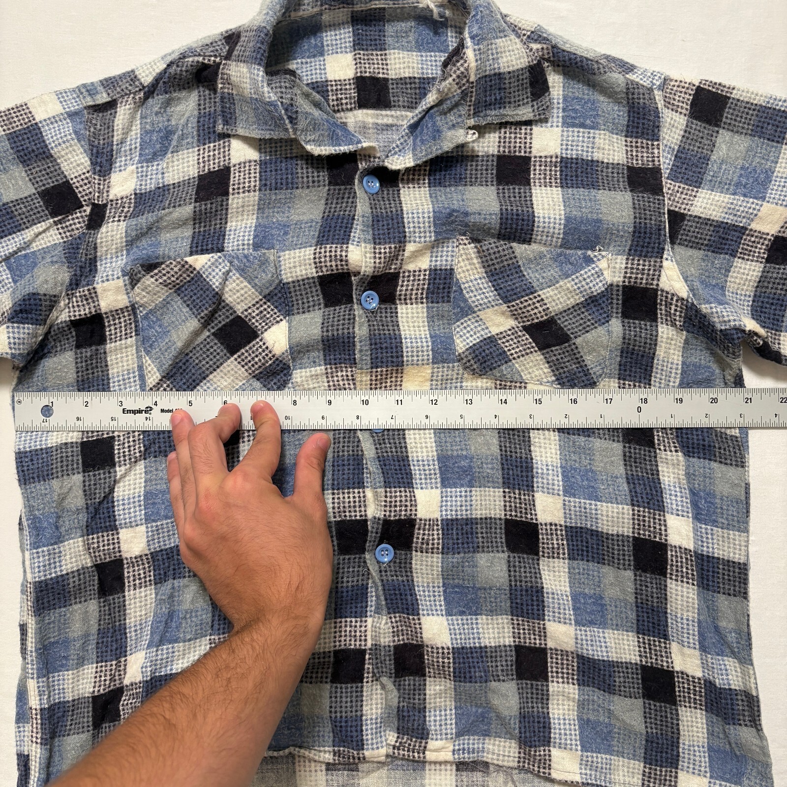 VTG 60’s Sanforized Cotton Loop Collar Plaid Flannel Shirt Men’s S Blue