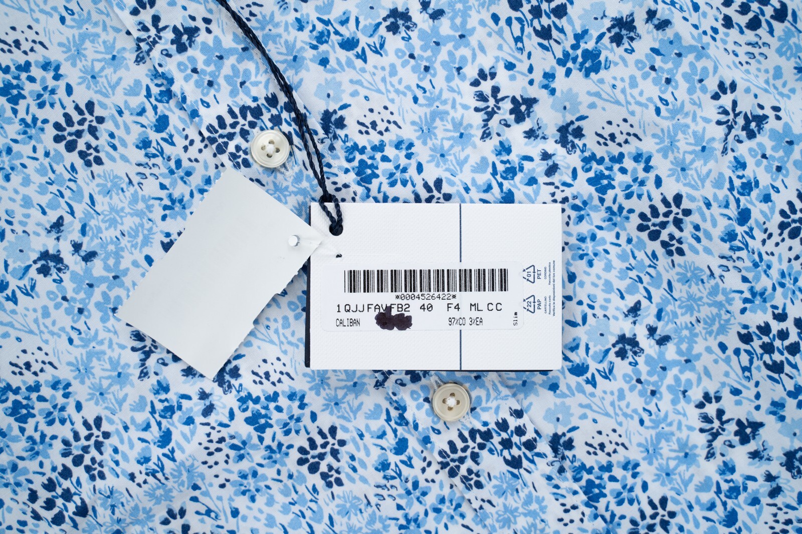 CALIBAN Floral Blue Dress Shirt Cotton Spread Collar Slim Fit 15 3/4 40