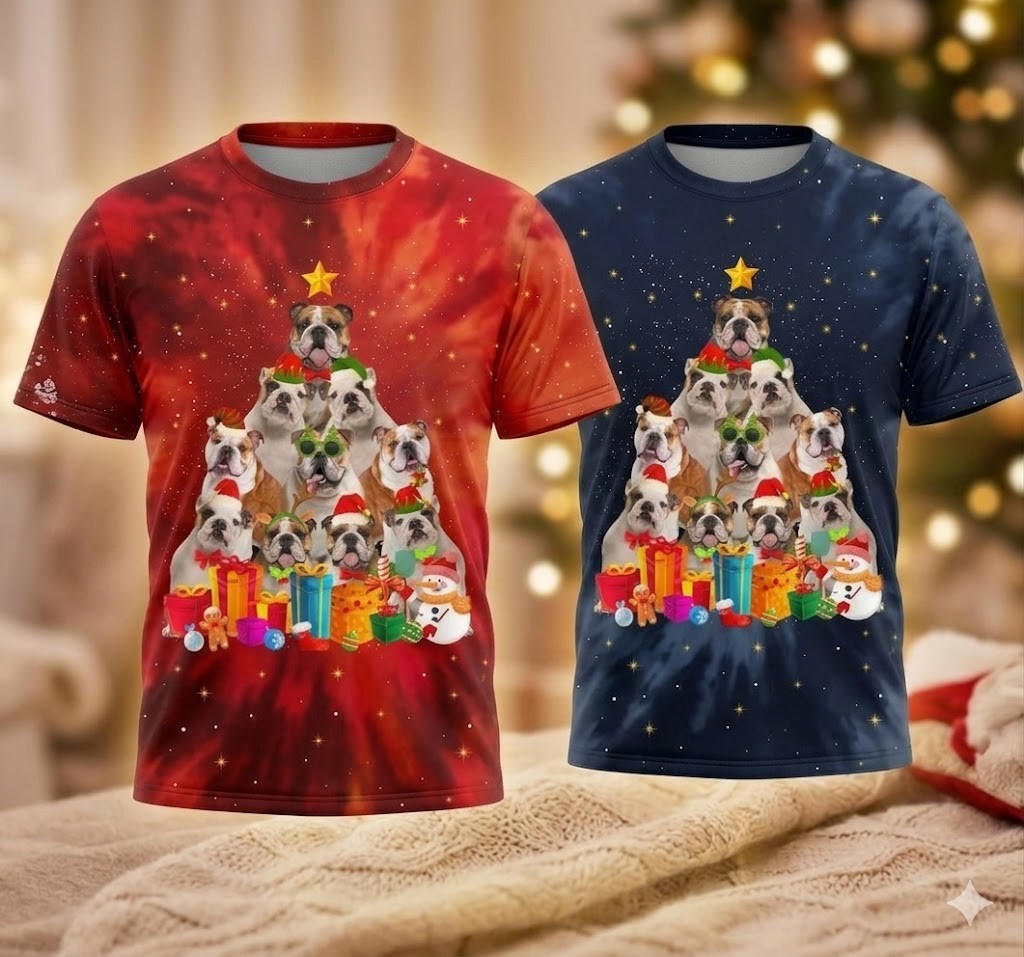 Christmas Funny English Bulldog Dog Tree 3D So Beautiful All size shirt