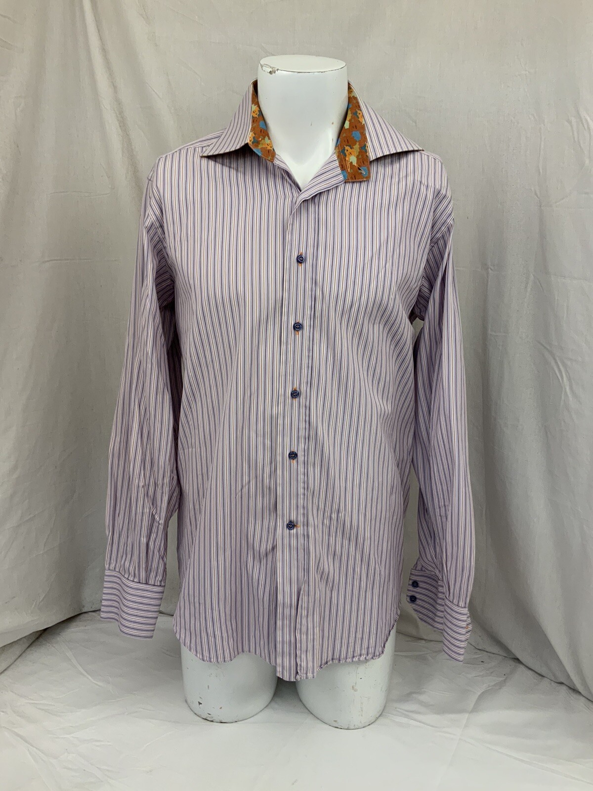 Niformis Flip Cuff Shirt 16 35 Purple Stripe 100% Cotton Floral Italy YGI Q1-88