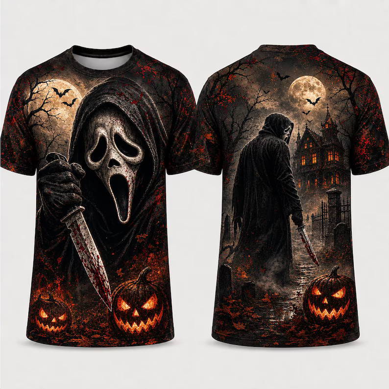 Ghostface Halloween All Over Print Shirt Scream Horror Movie Pumpkin Knife Front