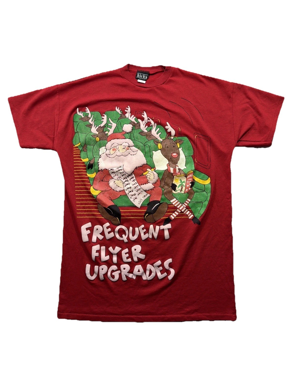 Vintage Kick’s Christmas Frequent Flyer Red Solid Graphic T-Shirt Men’s XL
