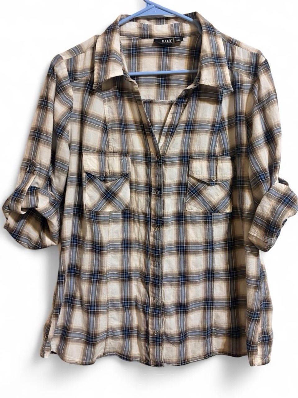 a.n.a Plaid Button-Down Shirt in Beige, Tan & Blue Sz XL