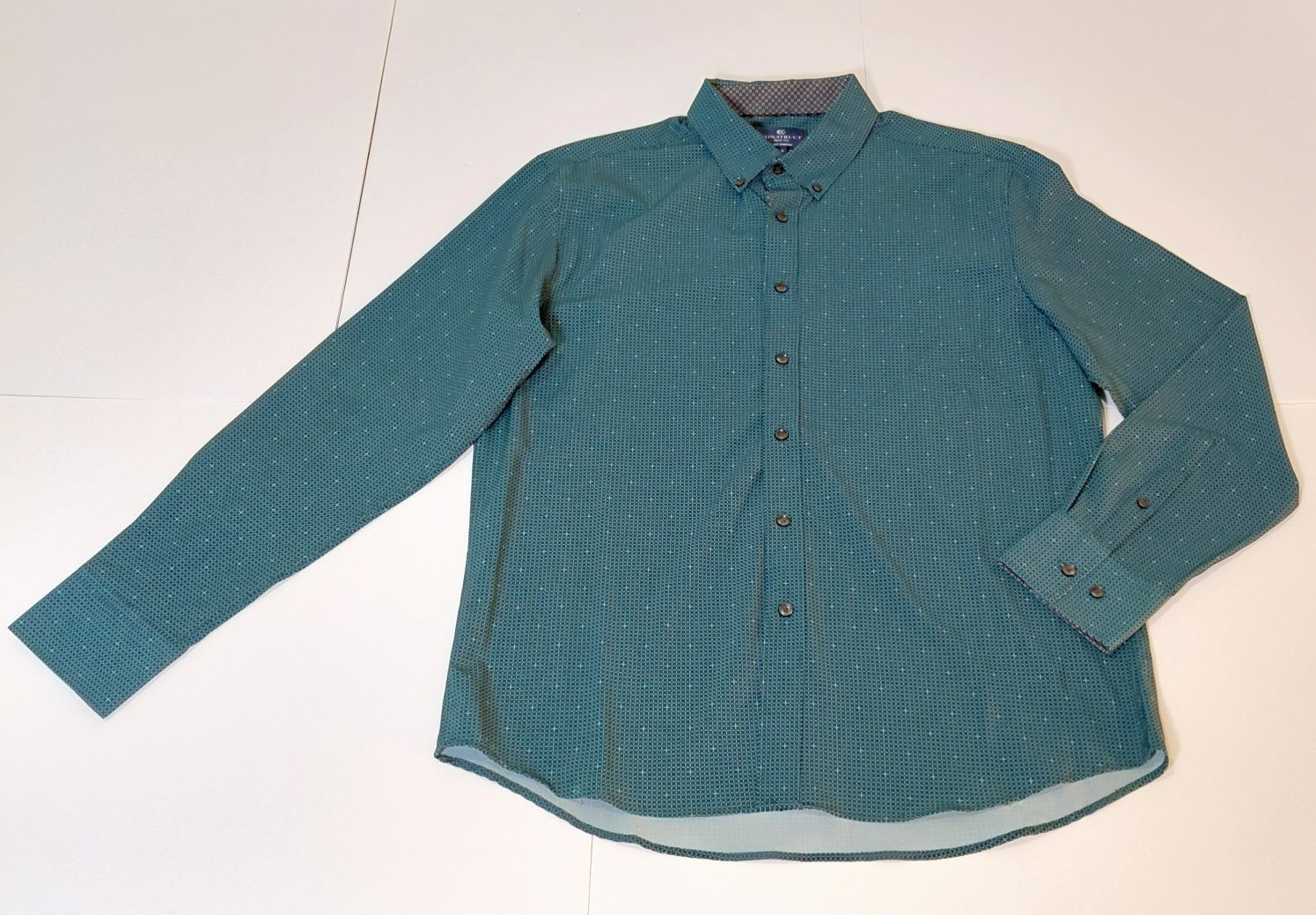 CON.STRUCT Mens Large L Slim Fit 4-Way Stretch Button Down Shirt Teal Geometric