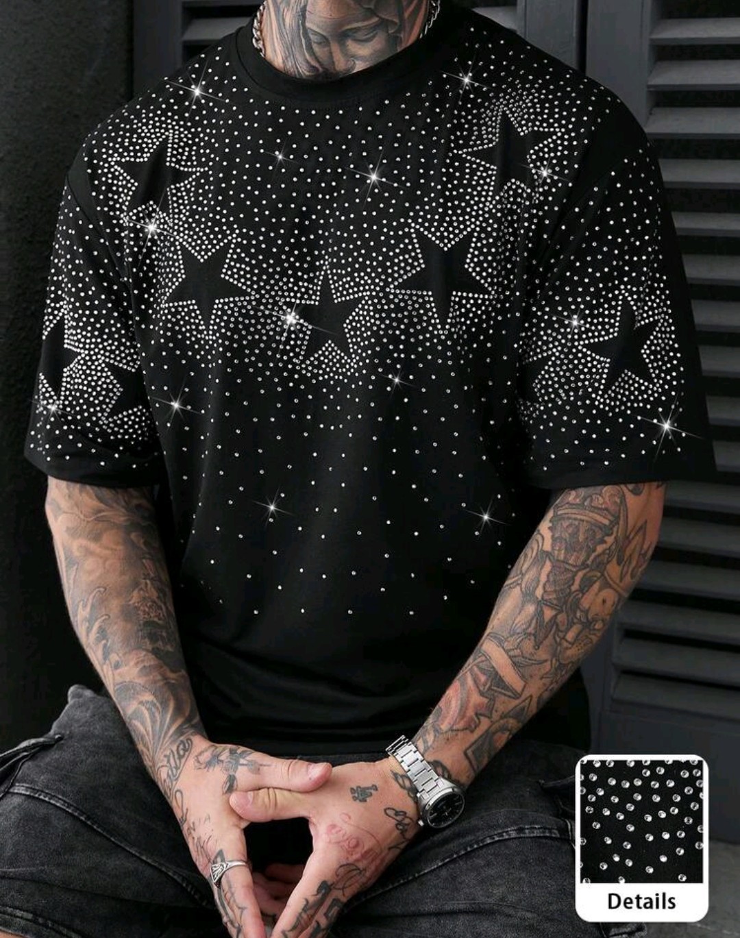 New Men Luxury Diamond Star Rhinestones Fashion Black T-Shirt High Quality