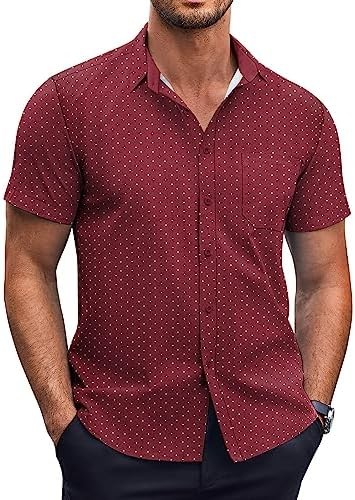 Men’s Polka Dots Button Down Shirt Short Sleeve Turn-Down Collar Wine Red Mens