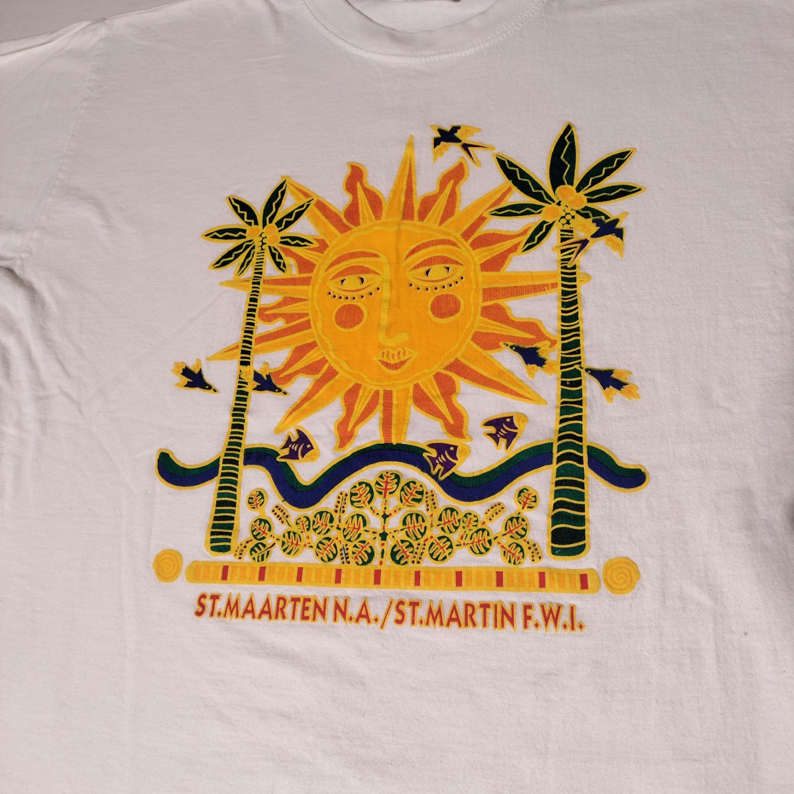 St. Maarten N.A F.W.I. Sun Palm Tree Caribbeant’s Cotton T-Shirt Sz XL – Stains