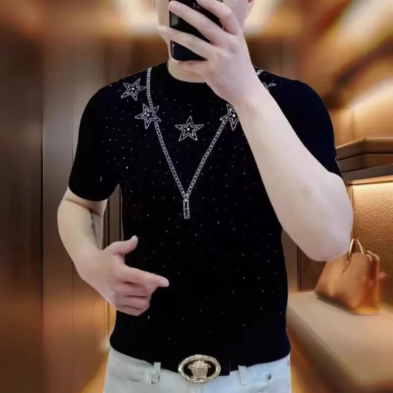 New Fashion Trend Stars Hot Diamonds Rhinestones Summer Luxury Men T-Shirt