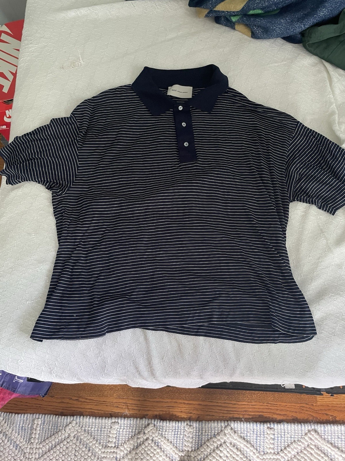 AMI Alexandre Mattiussi Men’s Navy/White Striped Short Sleeve Polo Shirt L