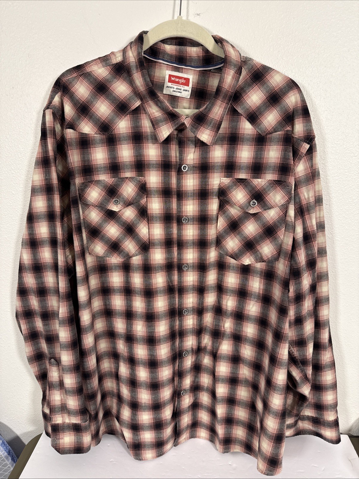 Wrangler Shirt Mens 3XL Brown Plaid Cotton/Poly L/S Button Up Work Casual L1