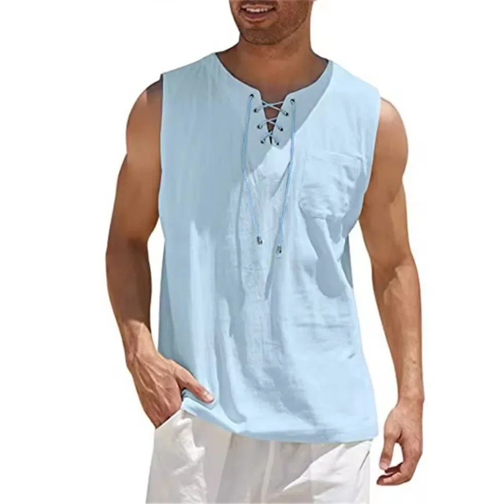 Men’s Linen Tank Top Sleeveless V Neck Summer Beach Shirt Casual Loose