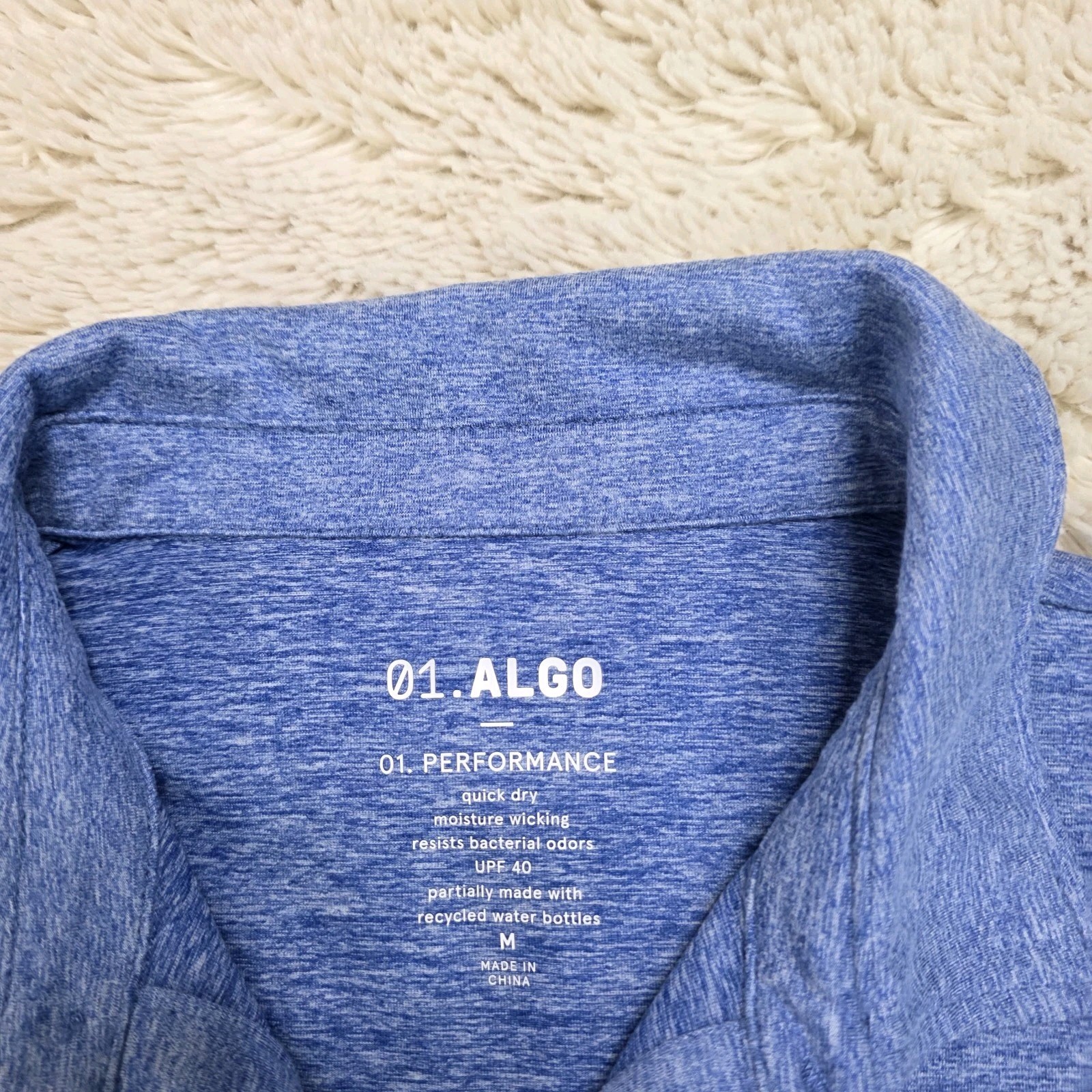01.Algo Mens Medium Blue Performance Polo Shirt SPF Anti Odor Quick Dry Eco