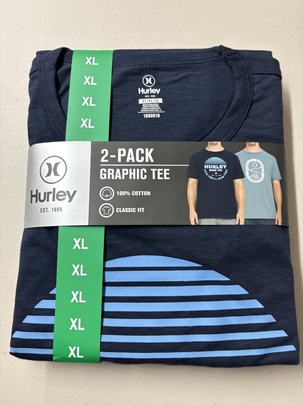 Hurley Men’s Graphic Tee, 2-pack – GREEN/ORANGE Or Blue/ Dark Blue You Pick Size