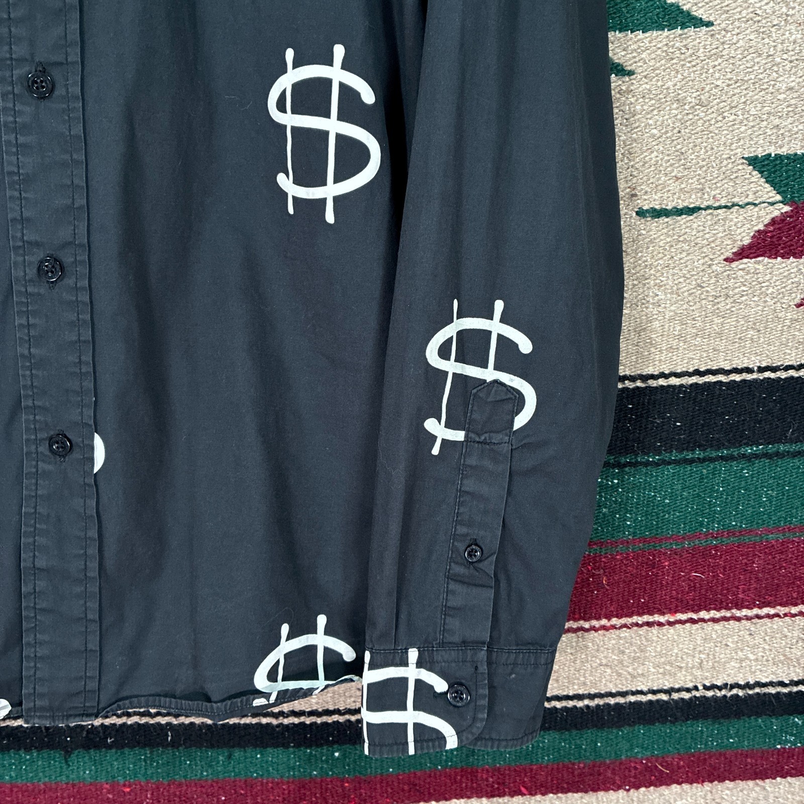 Vintage Stüssy Dollar Sign Print Black Button Shirt – Men’s Large – Cotton