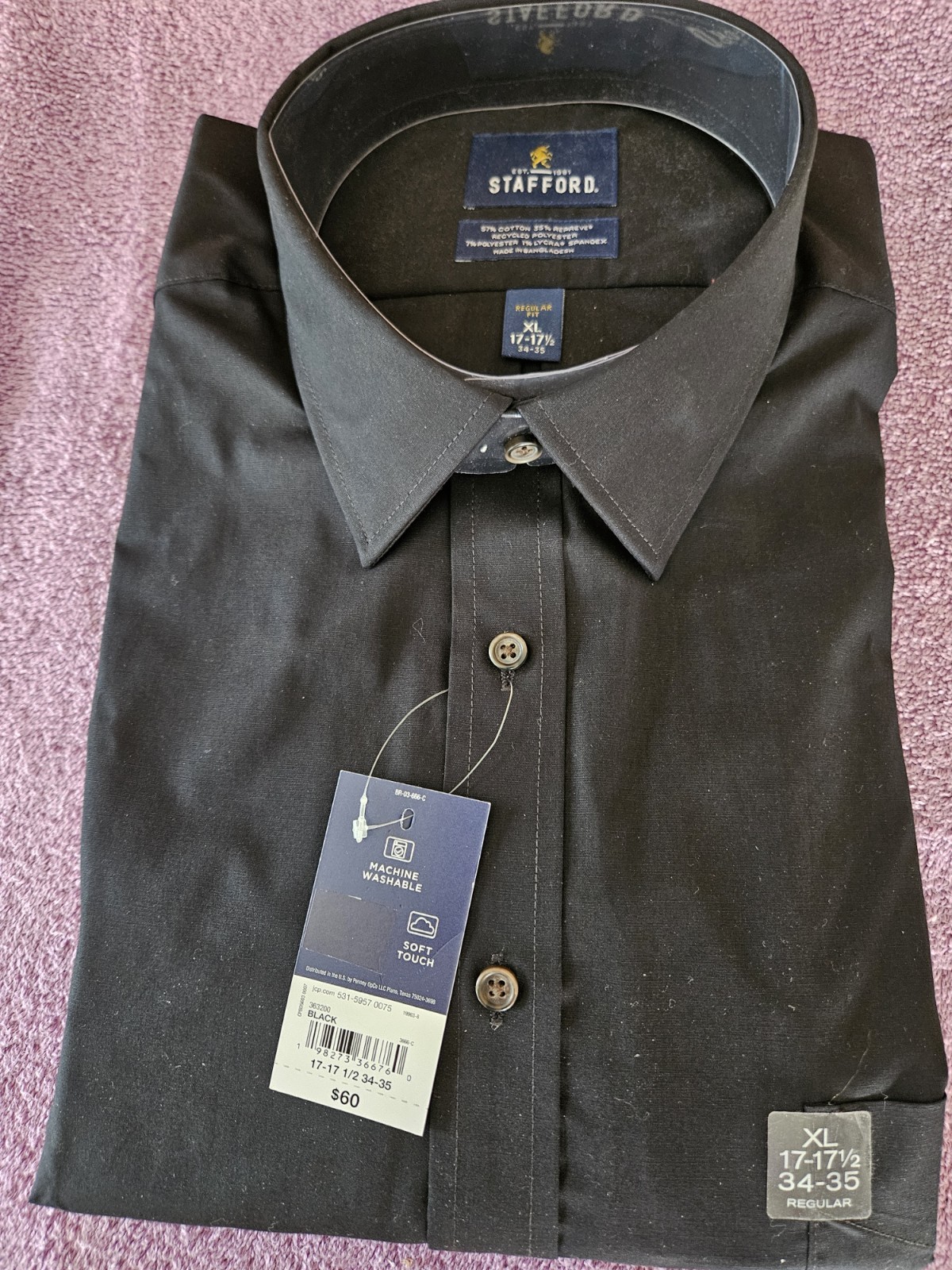 Stafford mens long sleeve dress shirt black cotton/poly XL. NWT.