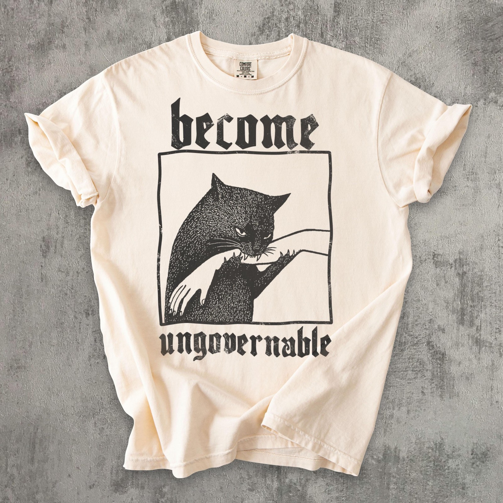 Become Ungovernable Cat Biting Hand Funny Graphic T-Shirt Unisex