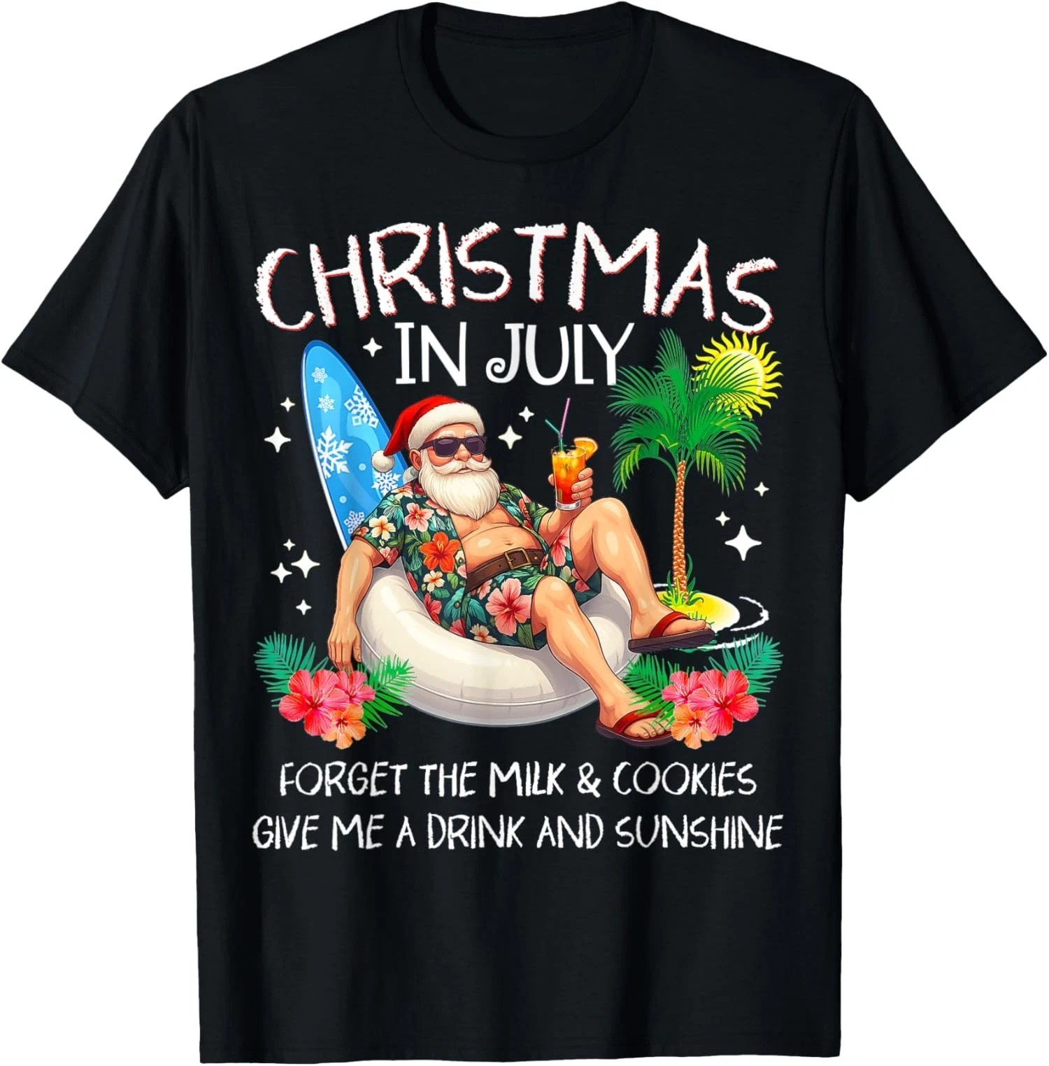 Christmas in July T-Shirt Palm Tree Santa Beach Summer Holiday Graphic Tee