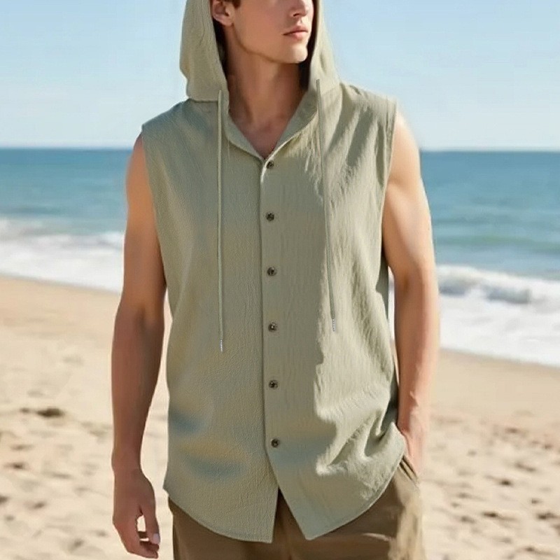 New Summer American Loose Solid Hooded Sleeveless Vest