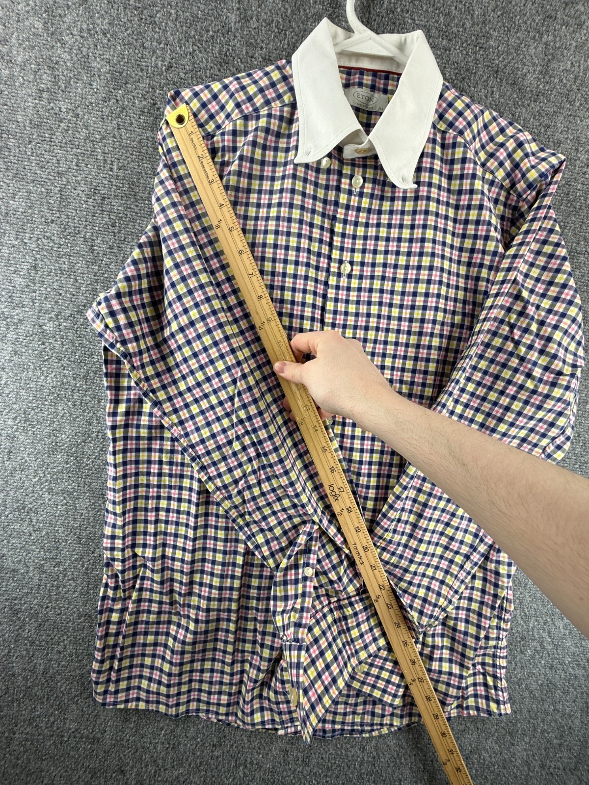 Eton Blue Yellow Check Contrast Collar 15.75 Contemporary Cotton Shirt Button Up