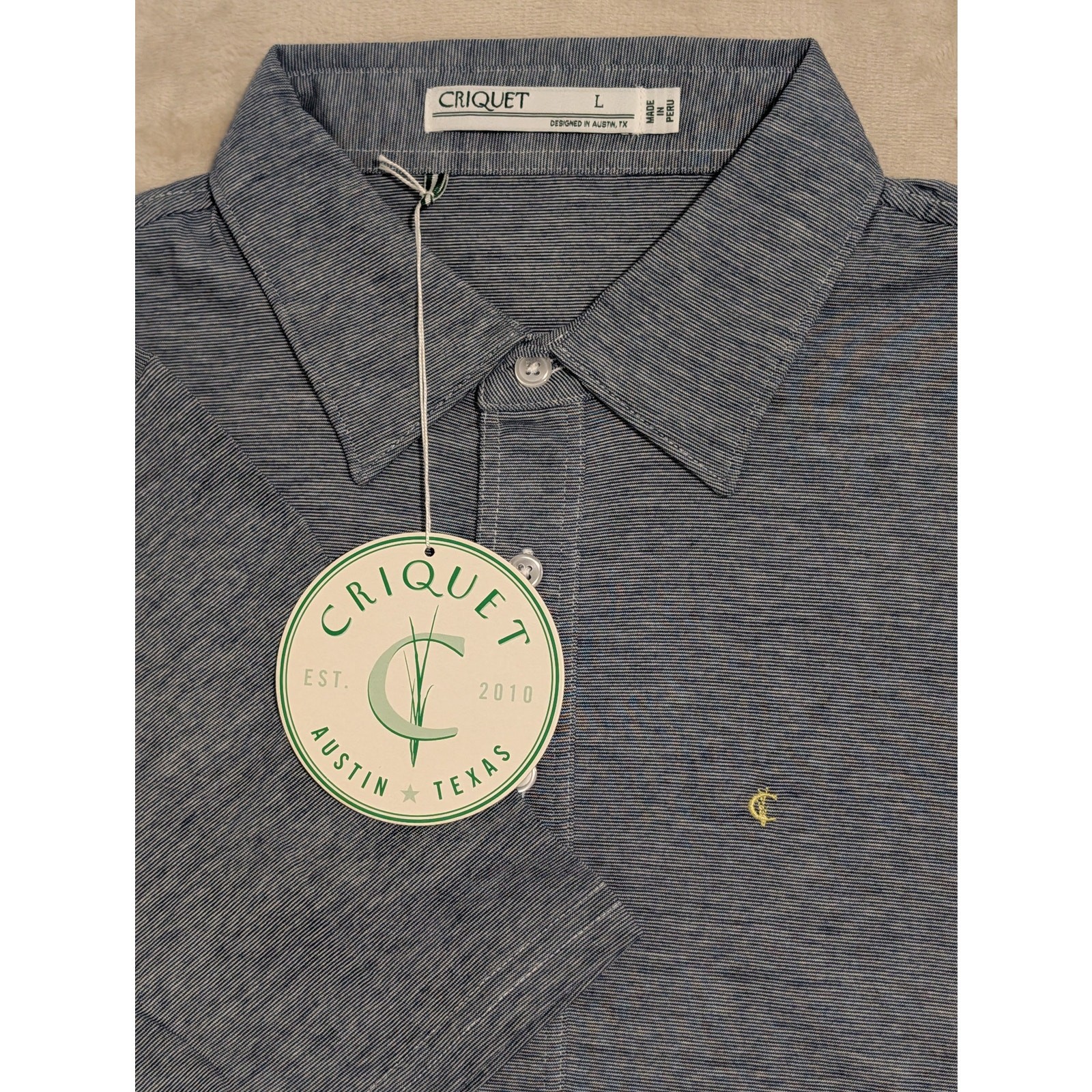 Criquet Mens Player Polo Shirt Dark Blue Heathered Large Organic Cotton Golf NWT