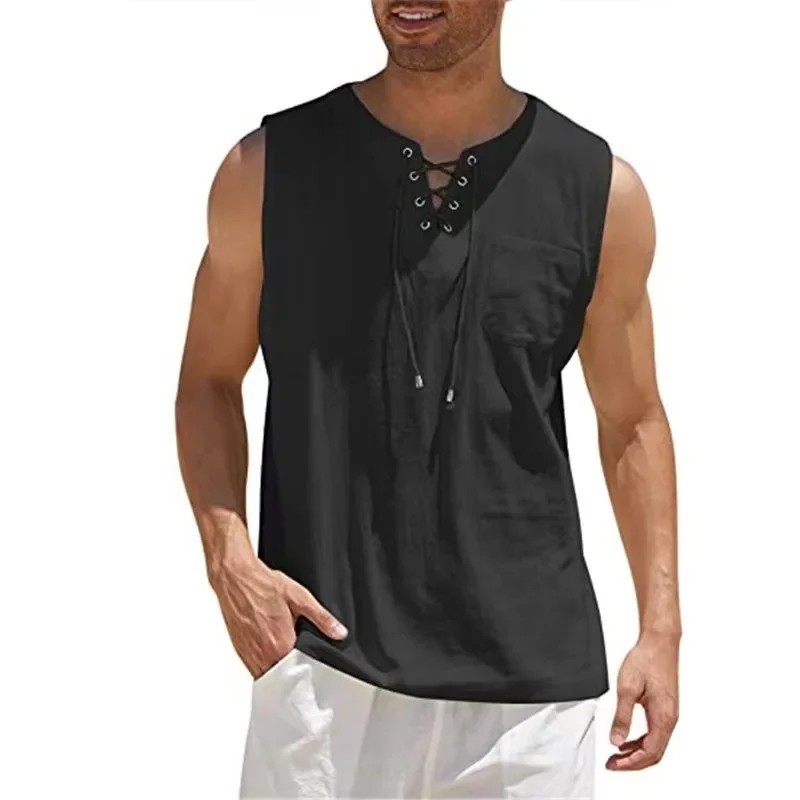 Men’s Linen Tank Top Sleeveless V Neck Summer Beach Shirt Casual Loose
