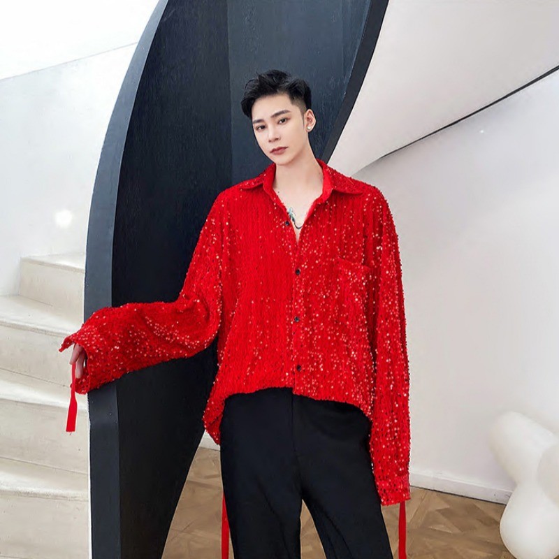Men Sequined Velvet Button Shirt Long Sleeve Strap Glitter Nightclub Performance