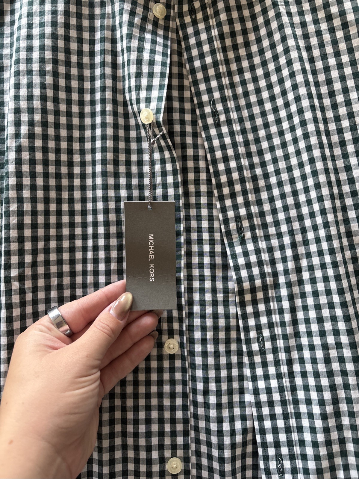 Michael Kors NWT Men’s XL Slim Fit Green White Gingham Dress Shirt 17 34/35