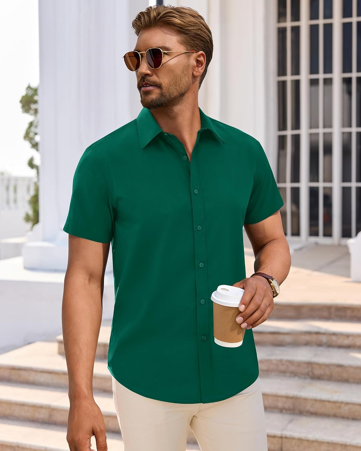 Men Short Sleeve Dress Shirt Stain Resistant Stretch Business Casual Button Down
