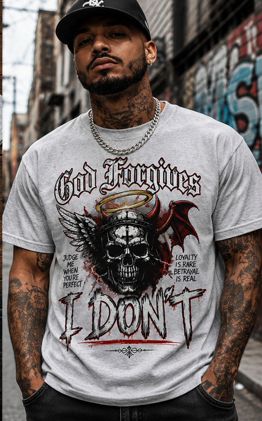 Mens Streetwear God Forgives I Dont Graphic Tee Shirt Pro Club Shakawear Skull