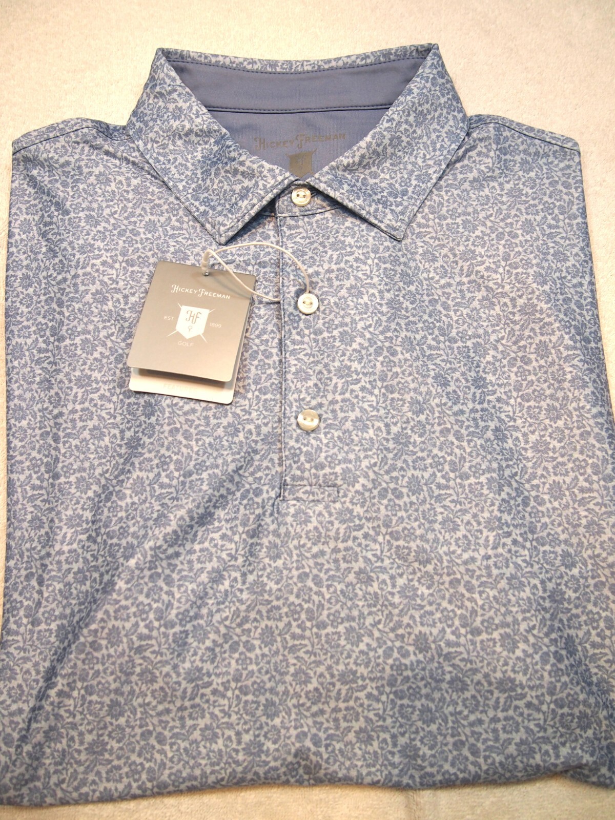 Hickey Freeman Performance Fabric Floral Pattern Golf Shirt NWT L $94 Light Blue
