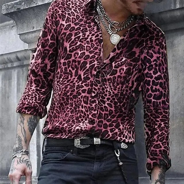 Men Fashion Button Tops Mens Down Vacation Casual Leopard Print Tunic Shirt