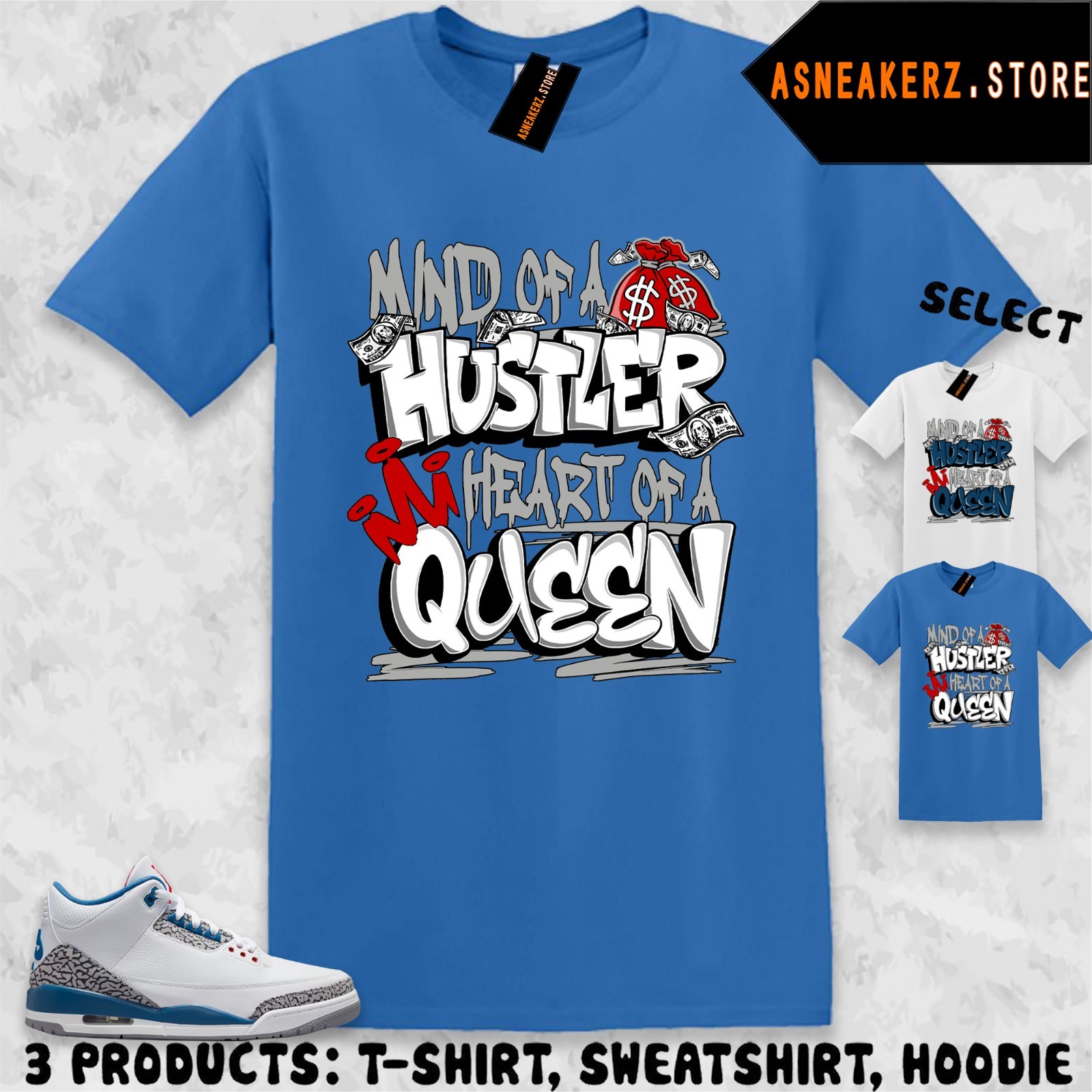 Hustler Queen Tee Shirt Matching T-Shirt To Match Sneaker AJ 3 OG True Blue 2026