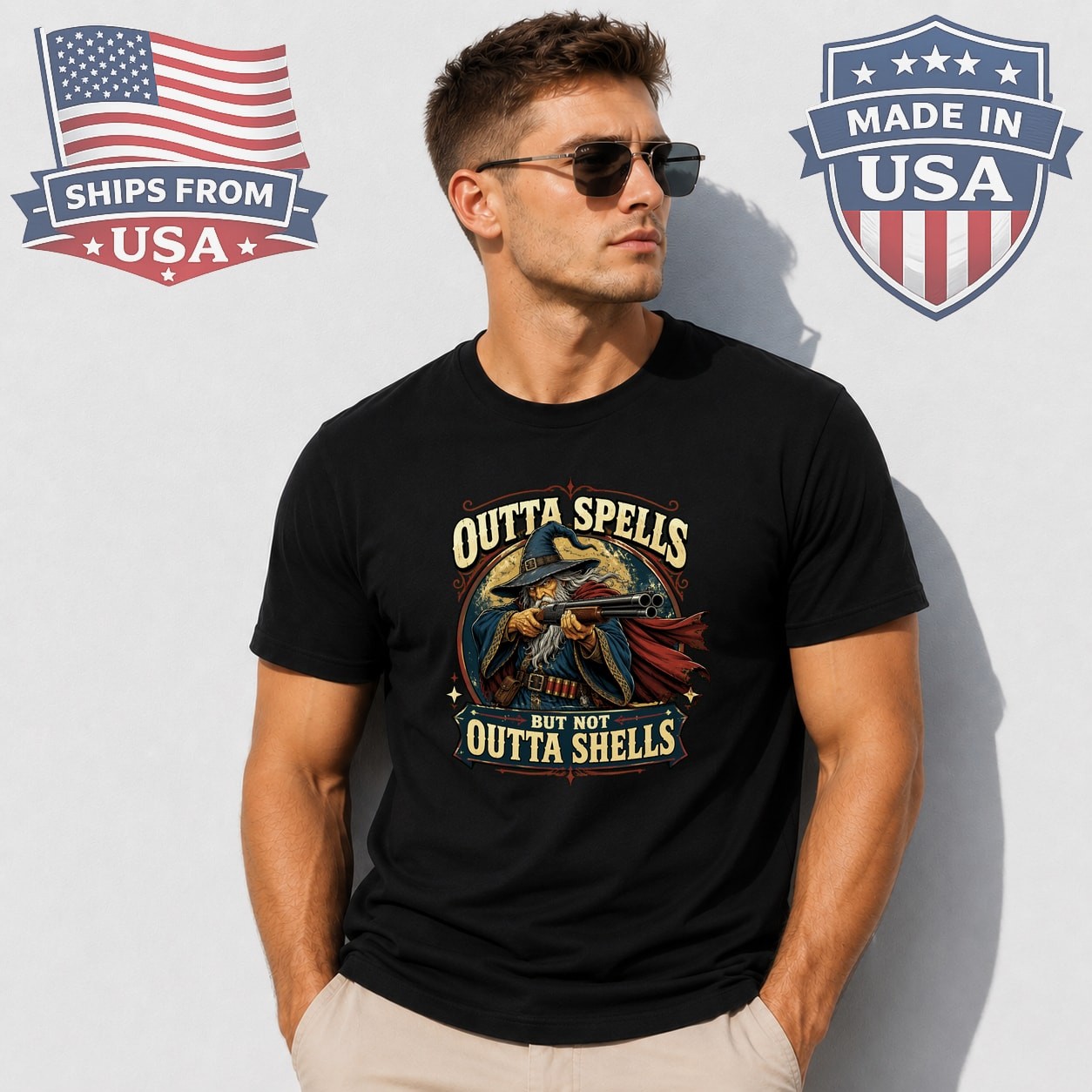 Outta Spells But Not Shells Graphic T-Shirt Wizard Shotgun