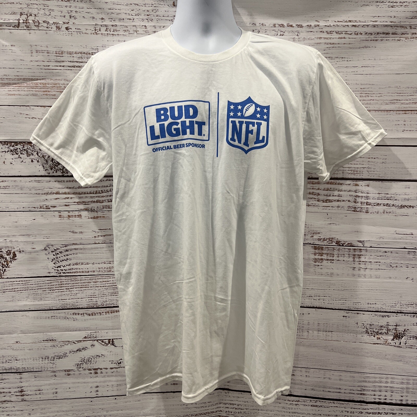 BUD LIGHT NFL OFFICIAL BEER SPONSOR White/Blue T-SHIRT Size Large/ L NWOT
