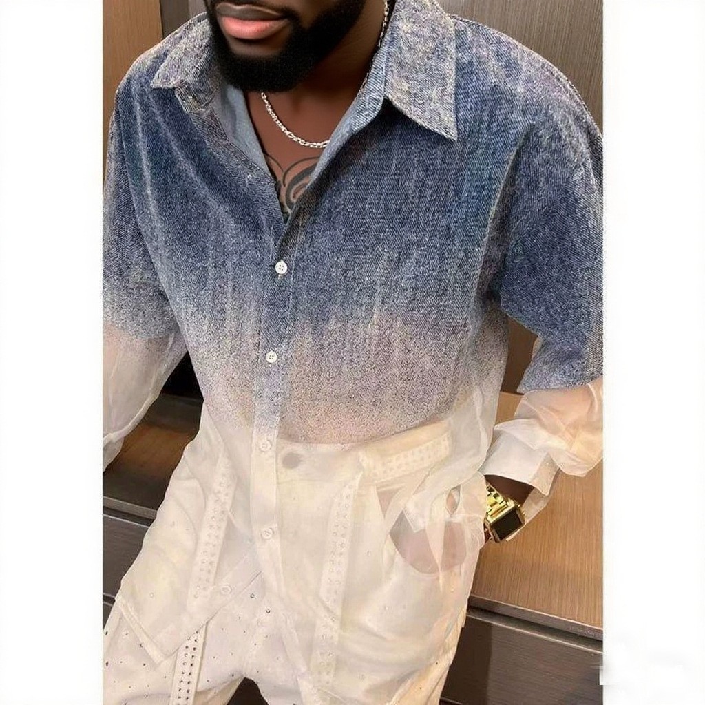 Men’s Sheer Gradient Button Down Shirt Long Sleeve Ombre Party Club Resort Top