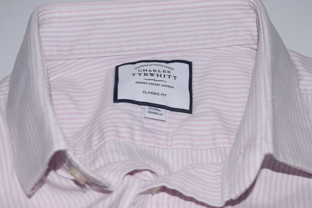 Stylish Charles Tyrwhitt Shirt 17/34 White-Pink Stripe Classic Fit 45cm Collar