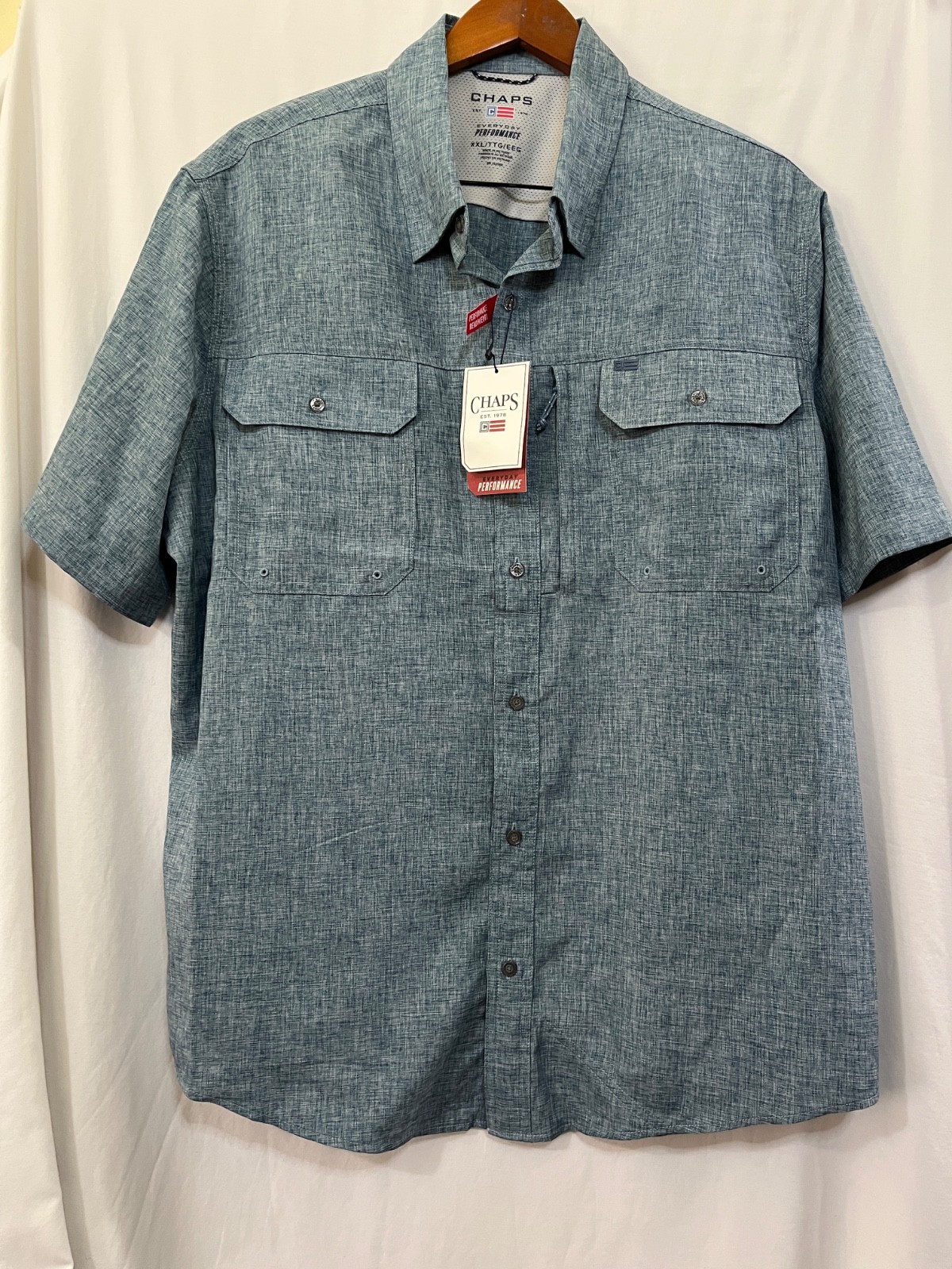 CHAPS Everyday Performance Mens Size L Short Sleeve Button Up Denim Blue New