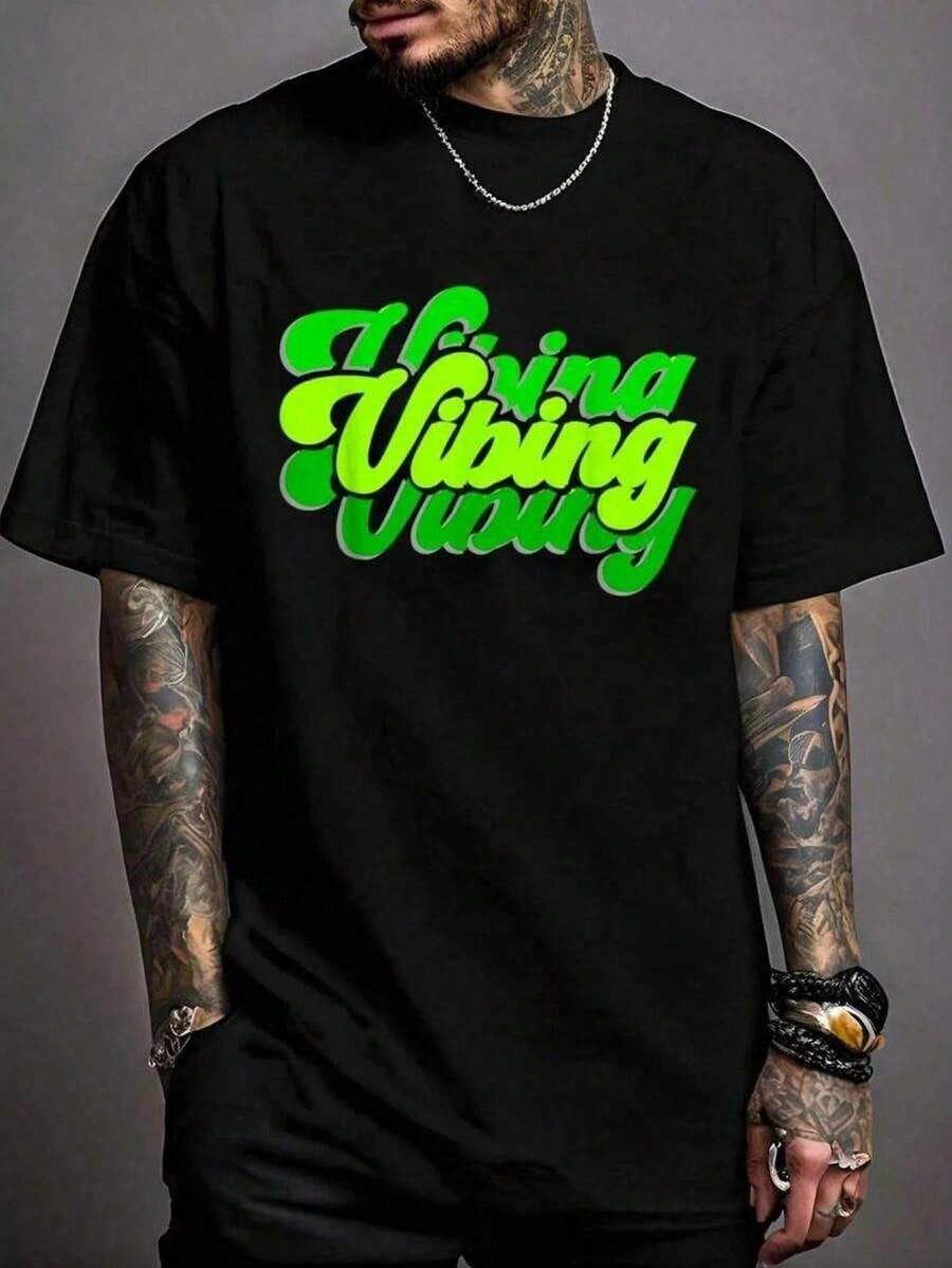 Neon Green Letter “Green Vibe” Crew Neck Short Sleeve Casual Party Men’s Top