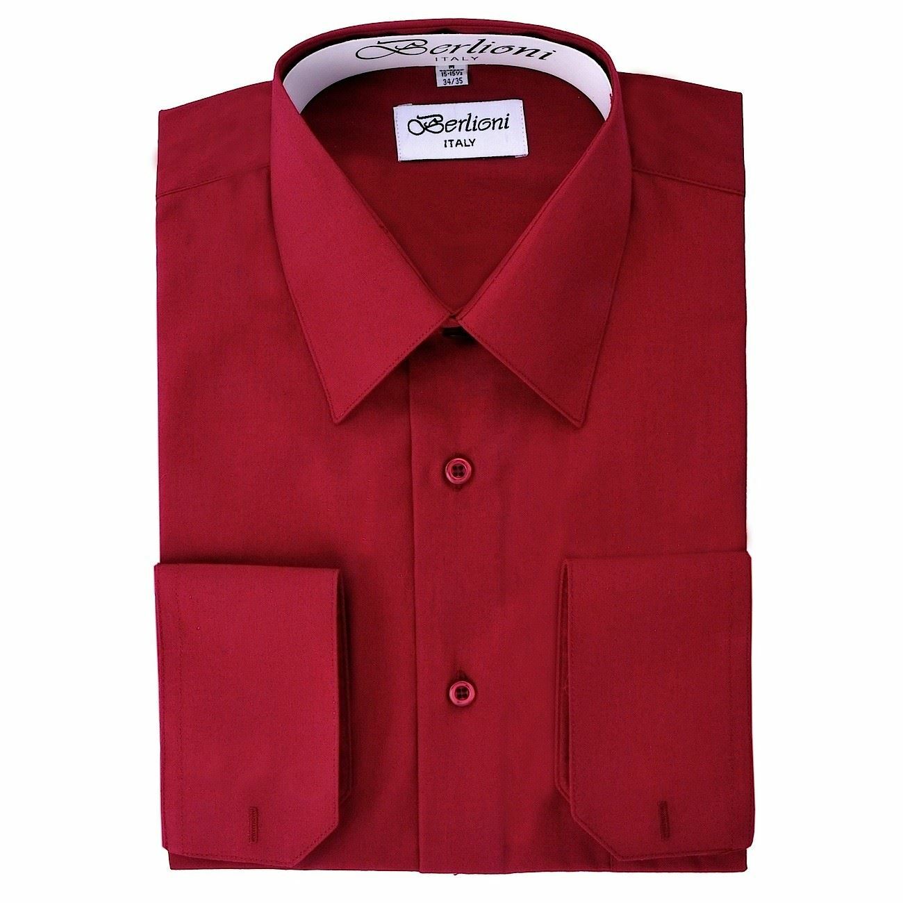BERLIONI ITALY MEN’S DRESS SHIRT FRENCH CONVERTIBLE CUFF LONG SLEEVE BURGUNDY
