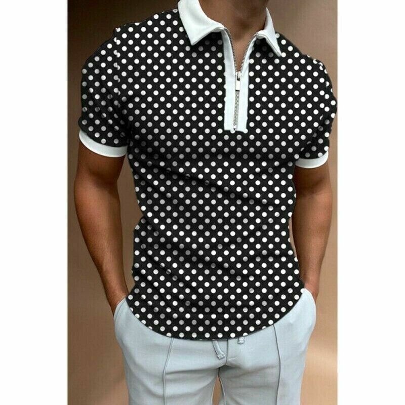 Polo T Shirt Men Zipper Collar Polka Dot Black White Trim Contrast Zip Golf Tee
