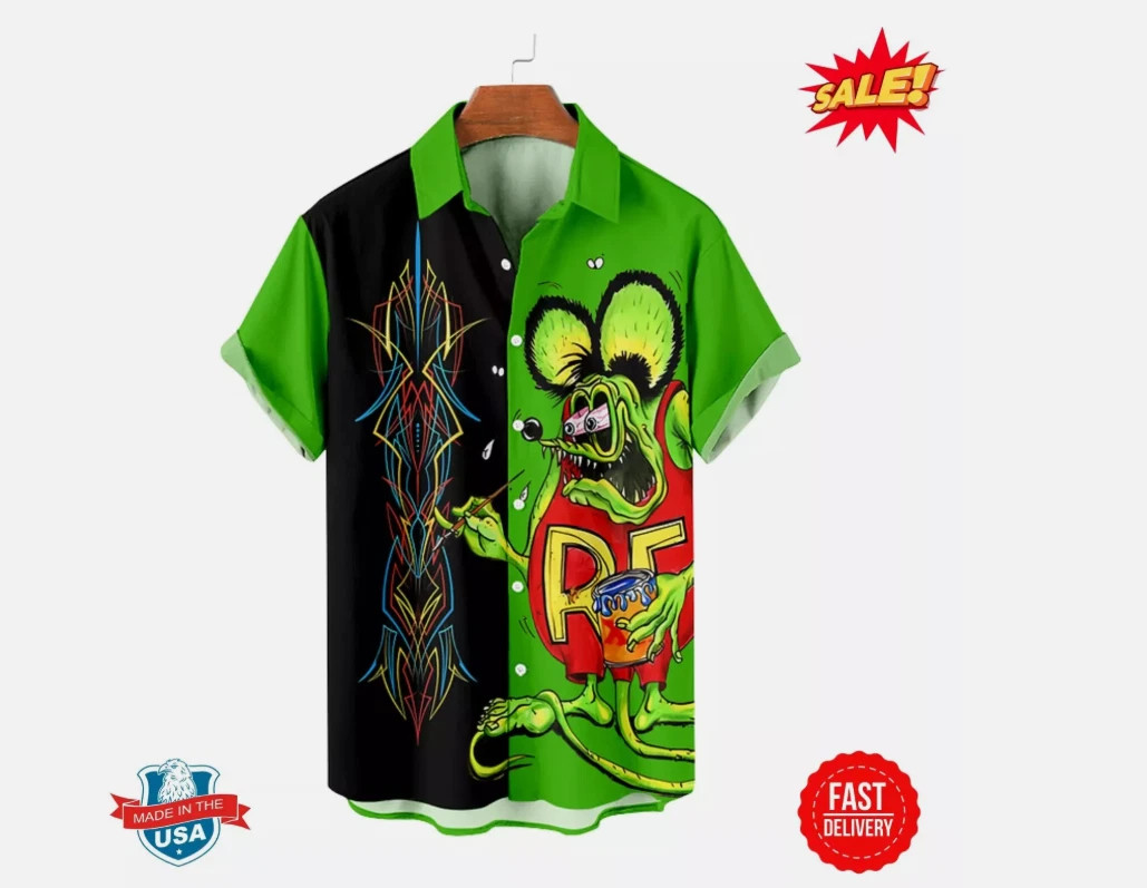 Rat Fink Hawaiian Shirt – Crazy Cartoon Rat, Classic 60s Dragster Racing